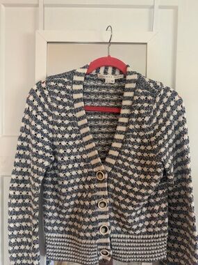 Veronica Beard Navy and White Striped Knit Cardigan